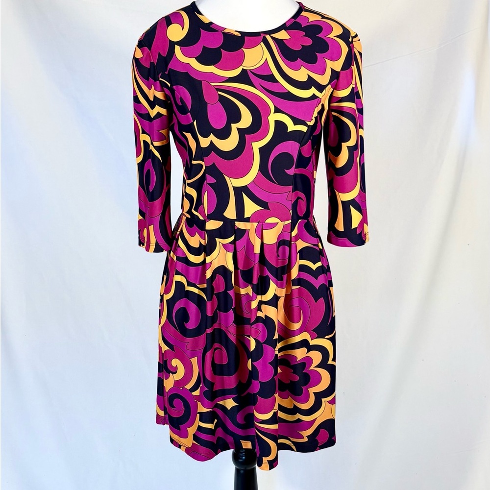 Jude Connally Julia Dress – Retro Swirl Print Fit & Flare – Size Small🧡